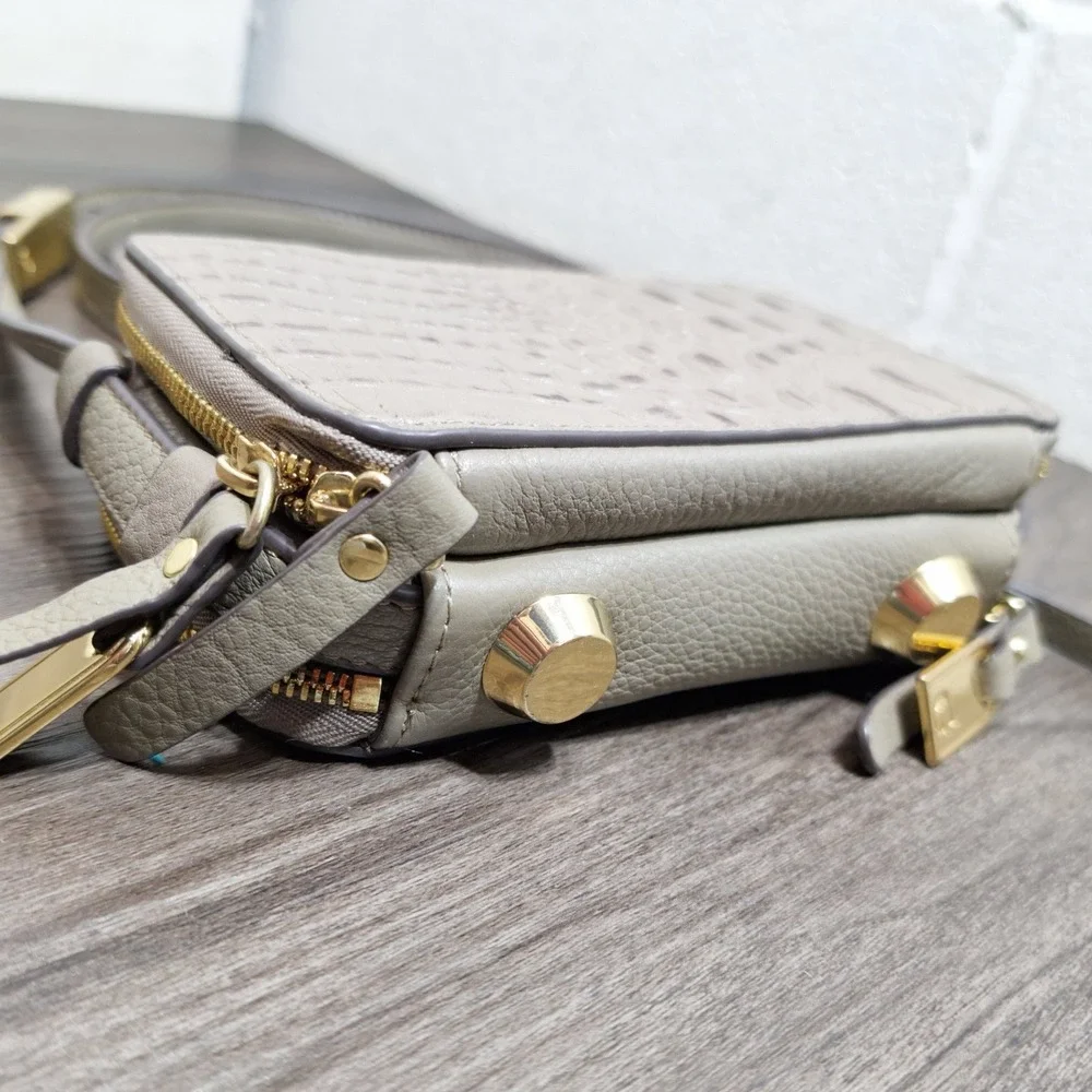 G.I.L.I. Taupe Leather Croc Embossed Crossbody Bag with Built-in Wallet Mini